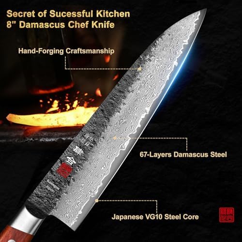 Damascus Chef Knife 21 cm Japanese Knife, VG-10 Steel Core Kitchen Knife Black Forged Gyuto Knife with Red Sandalwood Handle Leather Sheath, Premium Gift Box for Dad Husband