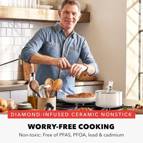 GreenPan x Bobby Flay 13 Piece Cookware Pots and Pans Set, Professional Grade Aluminum, PFAS & PFOA-Free Ceramic Nonstick, Induction Suitable, Stay-Cool Silicone Handle, Dishwasher & Oven Safe, Cream