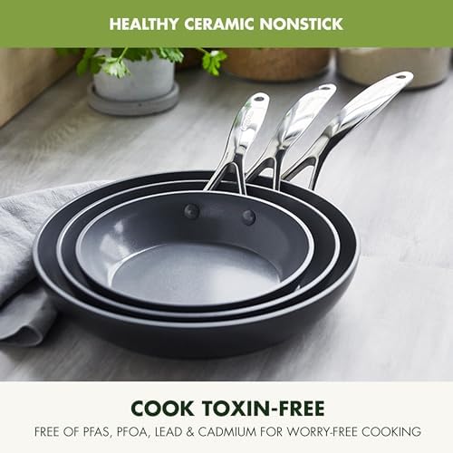 GreenPan Valencia Pro Hard Anodized Healthy Ceramic Nonstick 8" 9.5" and 11" Frying Pan Skillet Set, PFAS-Free, Induction, Dishwasher Safe, Ovens Safe, Gray
