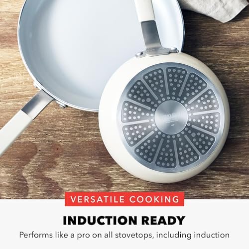 GreenPan x Bobby Flay 13 Piece Cookware Pots and Pans Set, Professional Grade Aluminum, PFAS & PFOA-Free Ceramic Nonstick, Induction Suitable, Stay-Cool Silicone Handle, Dishwasher & Oven Safe, Cream