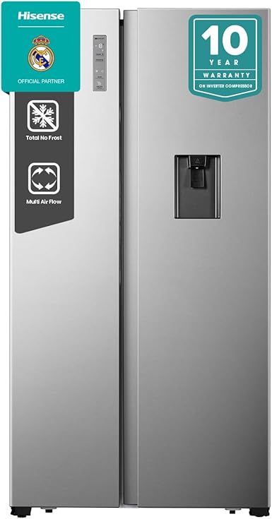 Hisense HS91518D, 670 Litres Side by Side Refrigerator with Water Dispenser, Inverter Compressor, No Frost Technology, Silver