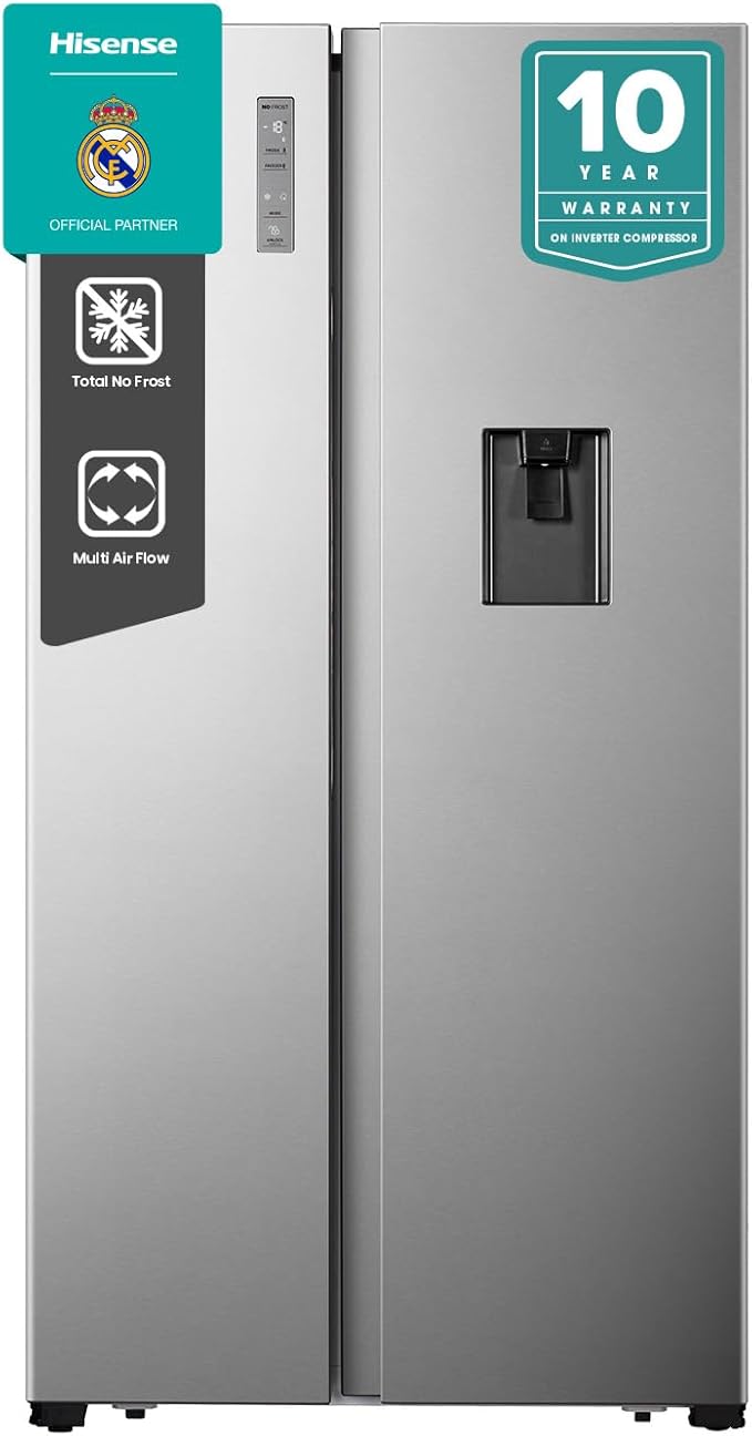 Hisense HS91518D, 670 Litres Side by Side Refrigerator with Water Dispenser, Inverter Compressor, No Frost Technology, Silver