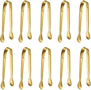 KASTWAVE 10-Piece Stainless Steel Food Tongs Set - Rock Candy, Mini Serving, Ice Cube, Small Square Tea Party Coffee Bar Kitchen Tongs (Golden)