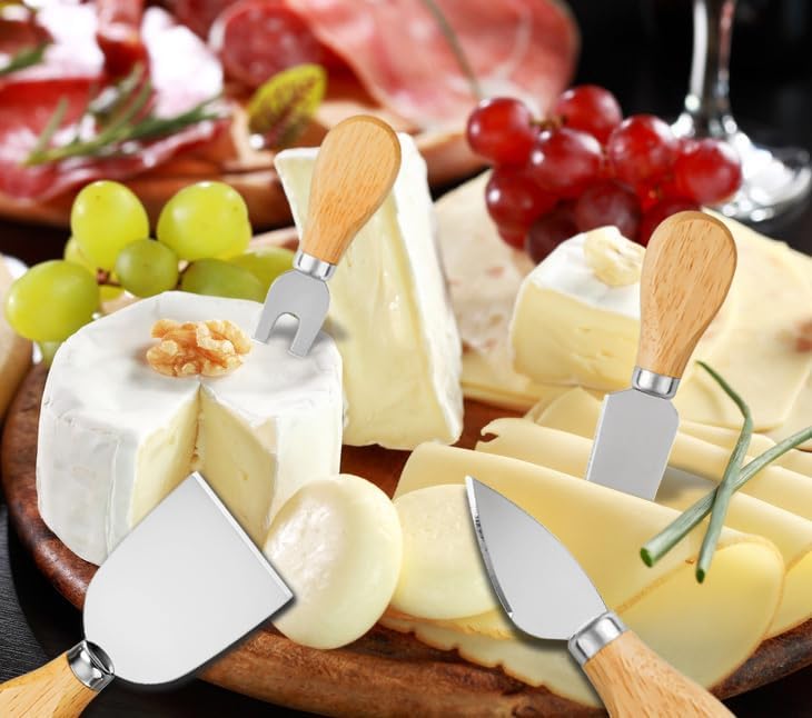 Cheese Knives - 4 Pieces Set Cheese Knife - Stainless Steel Cheese Slicer with Wood Handle Cheese Cutter,4 Cheese Knives Set include:Mini Knife, Butter Knife, Spatula & Fork