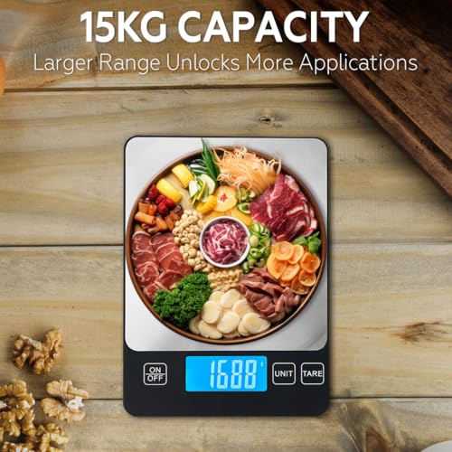 15kg Digital Kitchen Scale Rechargeable with USB Type C Charging & LCD Display, 304 Stainless Steel Weight Food Scale Ounces Grams for Kitchen Cooking Baking Meal Prep