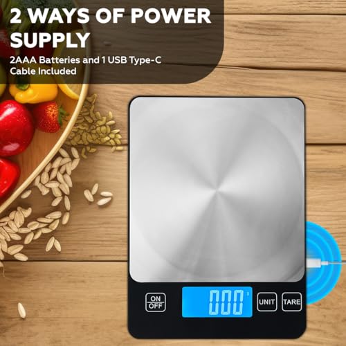 15kg Digital Kitchen Scale Rechargeable with USB Type C Charging & LCD Display, 304 Stainless Steel Weight Food Scale Ounces Grams for Kitchen Cooking Baking Meal Prep