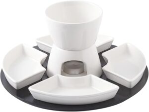 White Ceramic Chocolate Fondue Sets Mug, Butter Cheese Ice Cream Chocolate Melting Pot Caramel Hotpot Set with Four Forks & Four Half-Moon Shaped Plates