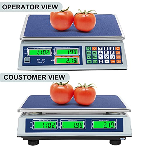 Allprettyall Digital Commercial Price Scale 66lb/30kg with Dual LCD Display Stainless Steel Platform Rechargeable Battery Electronic Price Computing Scale for Food Meat Fruit Produce