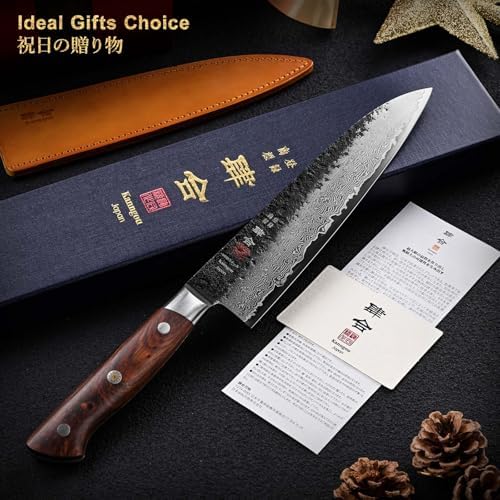 Damascus Chef Knife 21 cm Japanese Knife, VG-10 Steel Core Kitchen Knife Black Forged Gyuto Knife with Red Sandalwood Handle Leather Sheath, Premium Gift Box for Dad Husband