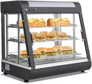 Grace Commercial Food Warmer Pizza Warmer 3 Tiers Pastry Warmer Tempered-Glass Sliding Doors Pizza Warmer Display Case LED Warm Light Food Display Warmer (NP-601-660x480x640)