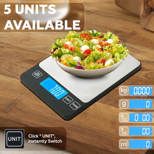 15kg Digital Kitchen Scale Rechargeable with USB Type C Charging & LCD Display, 304 Stainless Steel Weight Food Scale Ounces Grams for Kitchen Cooking Baking Meal Prep