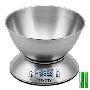 Etekcity Digital Kitchen Food Multifunction Removable Bowl 2.15L Liquid Volume Room Temperature and Timer, 11lb 5kg, Backlight Scales, 8.4 8.4 3.6 inch, Silver