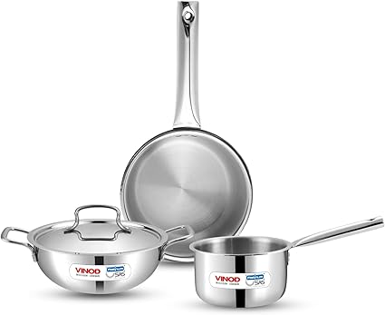 Vinod Platinum Triply Stainless Steel Cookware Set - 4 Pc, Kadai (24cm, 3.3l), Frypan (24cm, 2.2L) with Common Lid, Saucepan (16 cm, 1.6L) | Induction, Oven Friendly