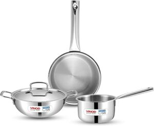 Vinod Platinum Triply Stainless Steel Cookware Set - 4 Pc, Kadai (24cm, 3.3l), Frypan (24cm, 2.2L) with Common Lid, Saucepan (16 cm, 1.6L) | Induction, Oven Friendly