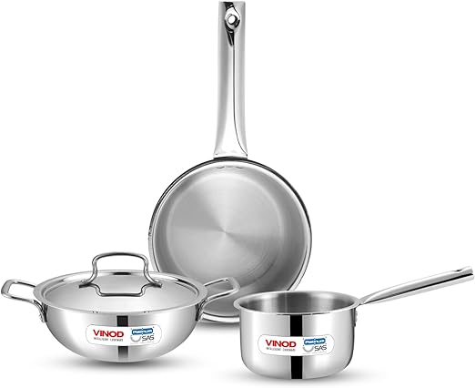 Vinod Platinum Triply Stainless Steel Cookware Set - 4 Pc, Kadai (24cm, 3.3l), Frypan (24cm, 2.2L) with Common Lid, Saucepan (16 cm, 1.6L) | Induction, Oven Friendly