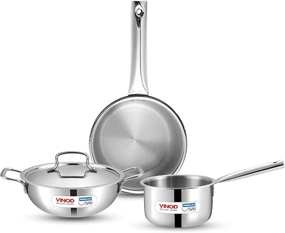 Vinod Platinum Triply Stainless Steel Cookware Set - 4 Pc, Kadai (24cm, 3.3l), Frypan (24cm, 2.2L) with Common Lid, Saucepan (16 cm, 1.6L) | Induction, Oven Friendly