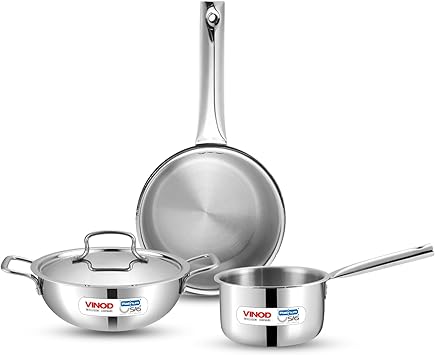 Vinod Platinum Triply Stainless Steel Cookware Set - 4 Pc, Kadai (24cm, 3.3l), Frypan (24cm, 2.2L) with Common Lid, Saucepan (16 cm, 1.6L) | Induction, Oven Friendly