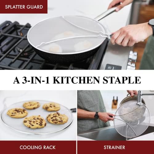 Bergkoch Grease Splatter Screen for Frying Pan 13" - Stops 99% of Hot Oil Splash - Protects Skin from Burns - Splatter Guard for Cooking - Iron Skillet Lid Keeps Kitchen Clean - Stainless Steel