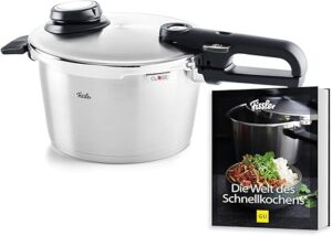 Fissler Vitavit Premium Pressure Cooker Set (4.5 L, Diameter 22 cm) + Free Steamer Insert and Pressure Cooker Book, Stainless Steel Pressure Cooker, 4 Cooking Levels - Induction