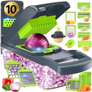 HOOJO® 8-in-1 Multifunctional Vegetable Chopper & Slicer – 8 Stainless Steel Blades for Chopping, Dicing, Slicing & Grating – 1.2L Large BPA-Free Food Container – Easy to Clean