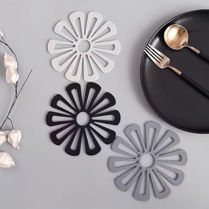 Trivet Mat for Hot Dishes, Heat Resistant Non-Slip Flower Hot Pads, Flexible Durable Mat for Table and Countertop, Modern Kitchen Trivet for Pans Teapot Pot Potholders Coaster, Grey