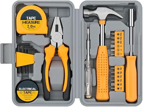 Eacam 24Pcs Household Hand Tool Kit with Plastic Toolbox Storage Case, All Purpose Essential Tools for Office Home Repairs