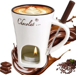 Chocolate Fondue Mug Set, 130 ml Ceramic Chocolate Fondue Cup, Chocolate Hot Pot Melt Cup, with Fork and Tea Light, Multi-Purpose Chocolate Fondue Set for Cheese, Chocolate, Butter, Caramel