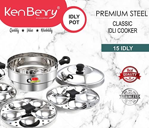 KenBerry Classic-15 Stainless Steel Induction & Standard Idli Maker | Dhokla Maker | Idli Cooker | Multi Kadhai | Idly | Induction Stove Compatible (3 Idli Plate + 1 Steamer Plate, 15 Idli)