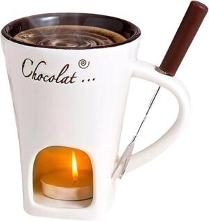 Chocolate Sweet Fondue Mug Cheese Hotpot Cup with Fork, Mini Melting Set Mini Chocolate Cheese Ceramic Cup with Tea Lamp for Hotpot Birthday Wedding Date Night (White)