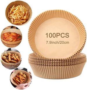Showay 100PCS Air Fryer Disposable Paper Liner, 7.9inch/20cm Non-Stick Liners, Round Food Grade Baking for Oven Roasting Microwave, Brown, PAPERL01-100P