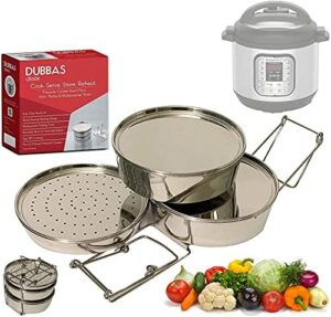 Dubbas - Premium Quality 3 Tier Stainless Steel Stacking Insert Pans/Steamer Compatible with 6 Quart Instant Pot Cooker PIP w/Lids/Plates & Trivet/Sling to Cook, Serve, Store & Reheat