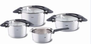 Fissler Intensa 4-Piece Stainless Steel Saucepan Set with Metal Lids (2 Cooking Pots, 1 Stewing Pan, 1 Saucepan Lidless) - Induction, Silver