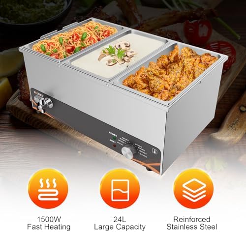 3 Pan Bain Marie Commercial Food Warmer Stainless Steel Food Warmer Buffet Server for Parties, Catering and Restaurants,Temperature Control 30-80°C 1500W