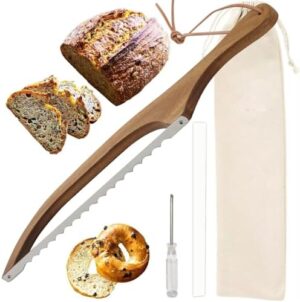 Aowin Wooden Bread Knife,Slicer for Homemade Bread,Wooden Serrated Bread Slicer With Steel Ruler,Sourdough Bread Knife,Premium Stainless Steel Bread Slicer,Easy to Cutting,Cuts Thin,Even Slices