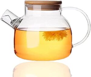 YumLock Glass Teapot with Removable Infuser, Stovetop Safe Teapot for Loose Leaf and Blooming Tea, 1000ML Clear Teapots with Bamboo Lid