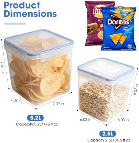 2 Pack Chip Containers for Pantry, Chip Storage Containers Suitable for Corn Chips, Potato Chips, Snacks, Grains, Sugar and Flour, 5.2L/175 Oz, Snack Storage Containers for Pantry, Fridge, and Cabinet