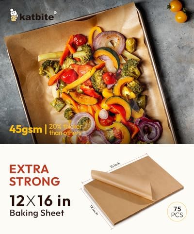 Katbite 75Pcs Unbleached Parchment Paper Sheets 12x16IN, Pre-Cut Heavy Duty Parchment Baking Paper, Non-Stick Half Sheet Brown Baking Parchment Paper for Air Fryer, Baking Cookie Pans, Oven