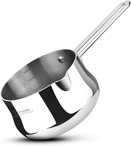 Bergner Essentials 12cm (900ml) Tri-Ply Stainless Steel Milk & Coffee Warmer with Handle, Small Pan for Heating Beverages, Melting Butter, Sauces, Easy to Pour, Induction & Gas Stove Compatible
