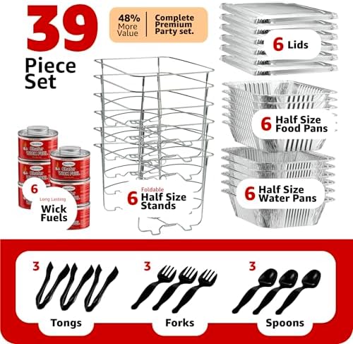 HeroFiber Disposable Chafing Dish Buffet Set, Food Warmers for Parties, Catering Supplies Buffet Display, Complete Premium Set, Half Size Single Pan, Warming Trays (6 Pack), CL6PKMINIDOMA2