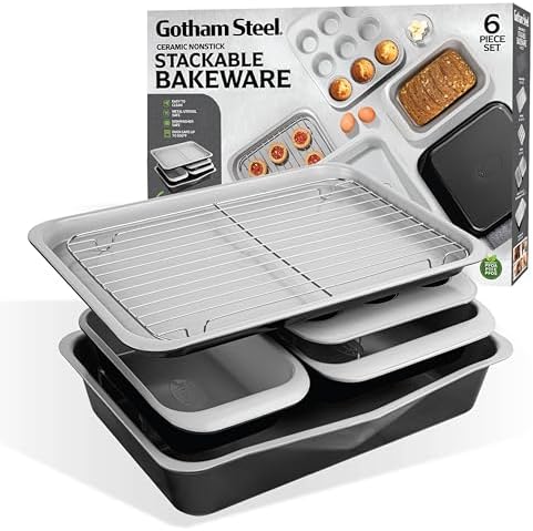 Gotham Steel 6 Pc Stackable Baking Pans Set, 70% Space Saving Design, Ceramic Bakeware Sets Non Toxic Made Without PFOA PFOS, with Cookie Sheet Tray, Cake & Muffin Pans, Oven & Dishwasher Safe