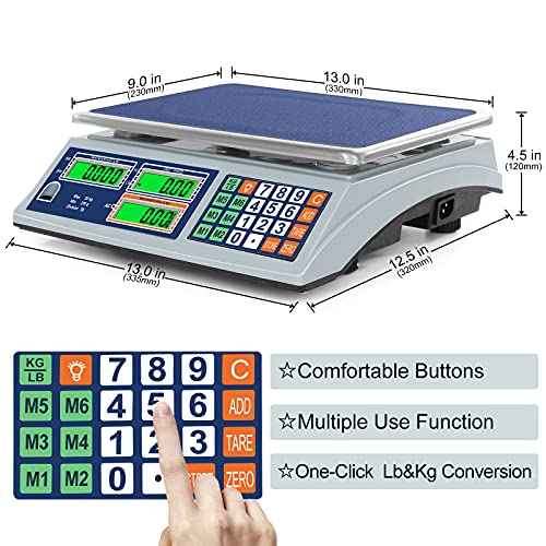 Allprettyall Digital Commercial Price Scale 66lb/30kg with Dual LCD Display Stainless Steel Platform Rechargeable Battery Electronic Price Computing Scale for Food Meat Fruit Produce