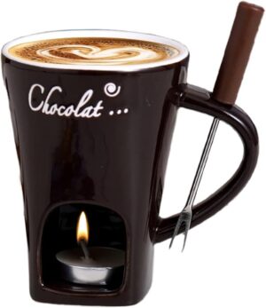 Chocolate Sweet Fondue Mug Cheese Hotpot Cup with Fork, Mini Melting Set Mini Chocolate Cheese Ceramic Cup with Tea Lamp for Hotpot Birthday Wedding Date Night (Brown)