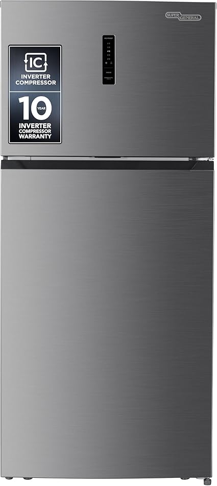 Super General 510 Liters Top-Mount Refrigerator Freezer SGR515IE, Tropical Inverter Compressor, No Frost, Lock & Key, Digital Display, 71x68.5x178cm (WxDxH), Inox Finish, 10 Year Compressor Warranty