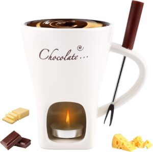 Chocolate Fondue Mug with Fork, Sweet Melting Cup with Tealights for Chocolate Cheese & Desserts Ceramic Fondue Set Ideal Gift for Date Nights Birthdays Anniversary Weddings (White)