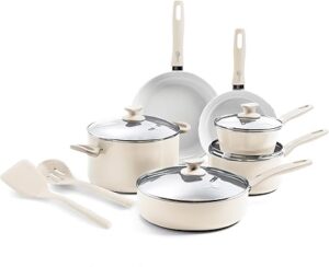 GreenPan Dover Healthy Ceramic Nonstick, 12 Piece Cookware Pots and Pans Set, PFAS-Free, Dishwasher Safe, Comfort Grip Handle, Cream White