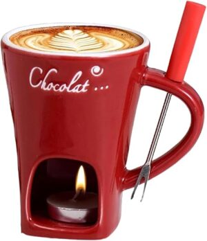 Chocolate Sweet Fondue Mug Cheese Hotpot Cup with Fork, Mini Melting Set Mini Chocolate Cheese Ceramic Cup with Tea Lamp for Hotpot Birthday Wedding Date Night (Red)