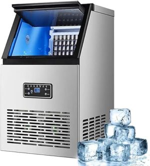 INGREM Commercial Ice Maker 60KG/24H – Under Counter Stainless Steel Machine with 36 Ice Cubes/Batch, Self-Cleaning, Blu-ray Sterilizer, Air-Cooled, Ice Cube Tray & Drain Pipe Included