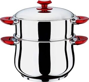 Hascevher Stainless Steel Steamer Belly shape Cous Pot with Red Handle | Steamer Cookware Red Handle (32 CM)