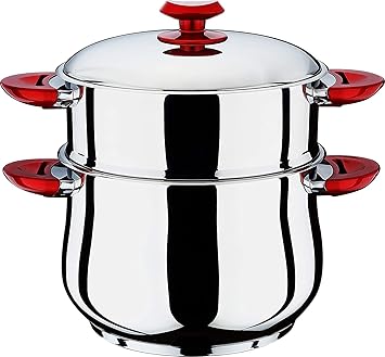 Hascevher Stainless Steel Steamer Belly shape Cous Pot with Red Handle | Steamer Cookware Red Handle (32 CM)