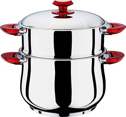 Hascevher Stainless Steel Steamer Belly shape Cous Pot with Red Handle | Steamer Cookware Red Handle (32 CM)